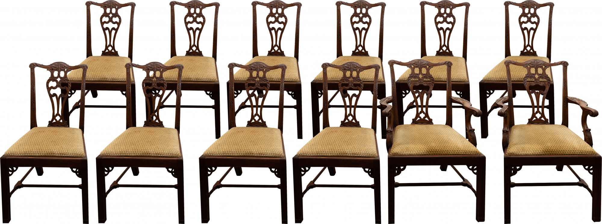 Conjunto de 10 cadeiras e 2 poltronas para mesa de jantar em mogno estilo Chippendale - 