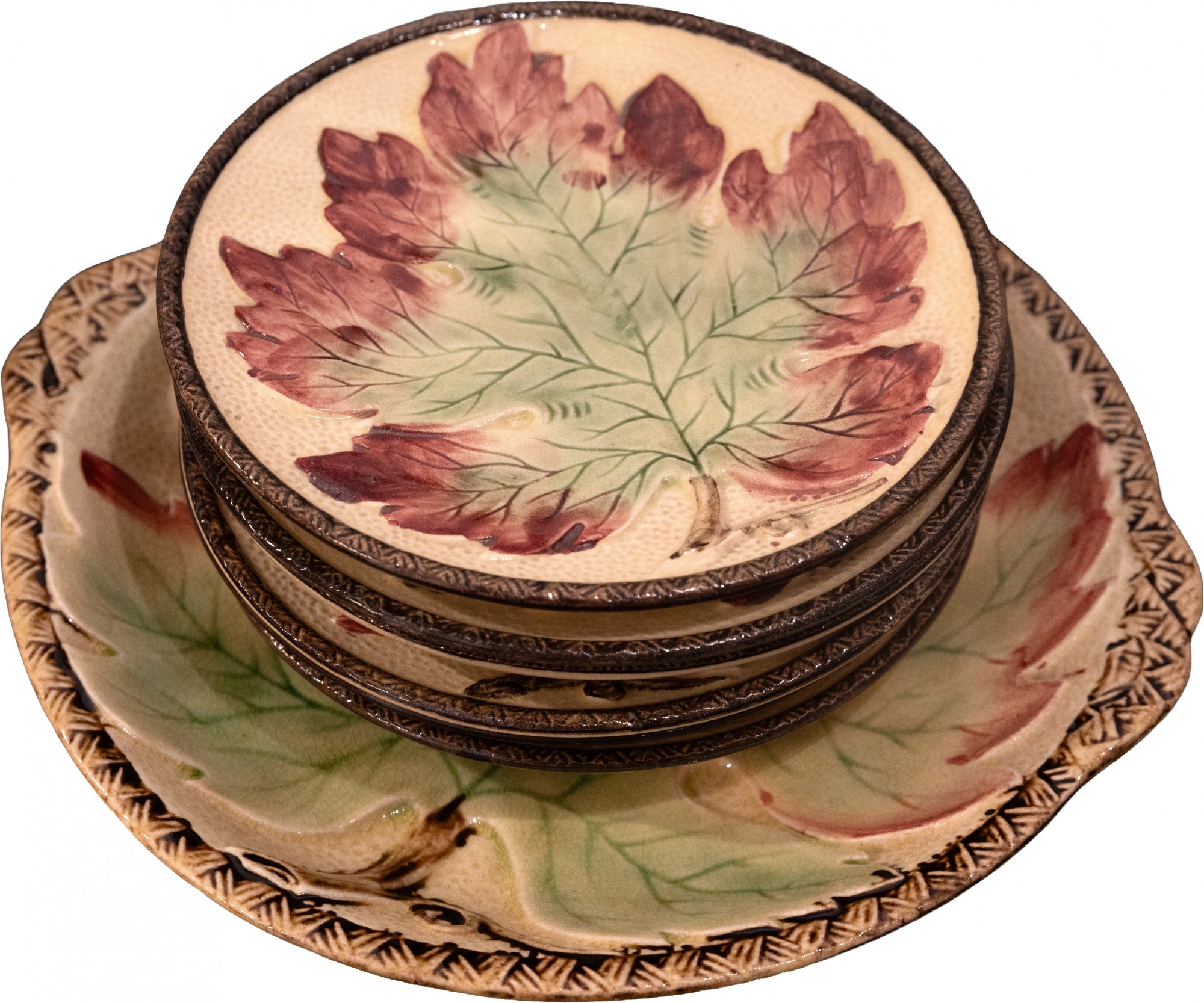 Jogo de Sobremesa em Belíssima Porcelana Japonesa Decorada com Folhas em Relevo - 