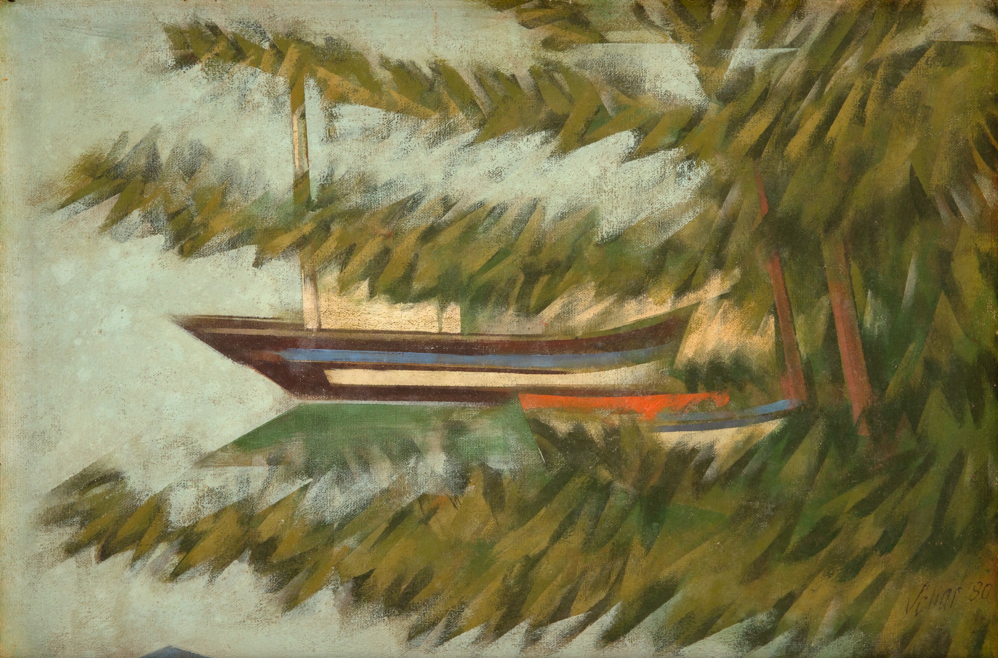 Carlos Scliar - Marinha (amendoeiras e barco na prainha)